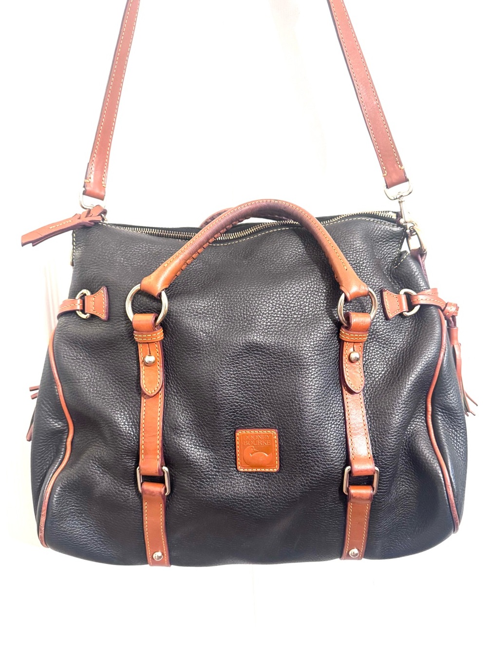 Dooney & Bourke Large Black Leather Satchel with Brown Trim - Picture 4 of 12